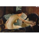 (lot of 2) American School (20th century), Nude Woman Reaching for a Chair, and Portrait of a