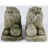 Pair of lion form garden elements, executed in molded concrete, each with seated lion and ball,
