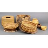 (lot of 9) Native American basketry group, including a Maidu bowl and tray, each accented with