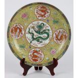 Chinese enameled porcelain plate, featuring five dragon roundels on a yellow ground with wanzi