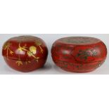 (lot of 2) Chinese red lacquered boxes, one in the form of a peach with gilt peaches; the other