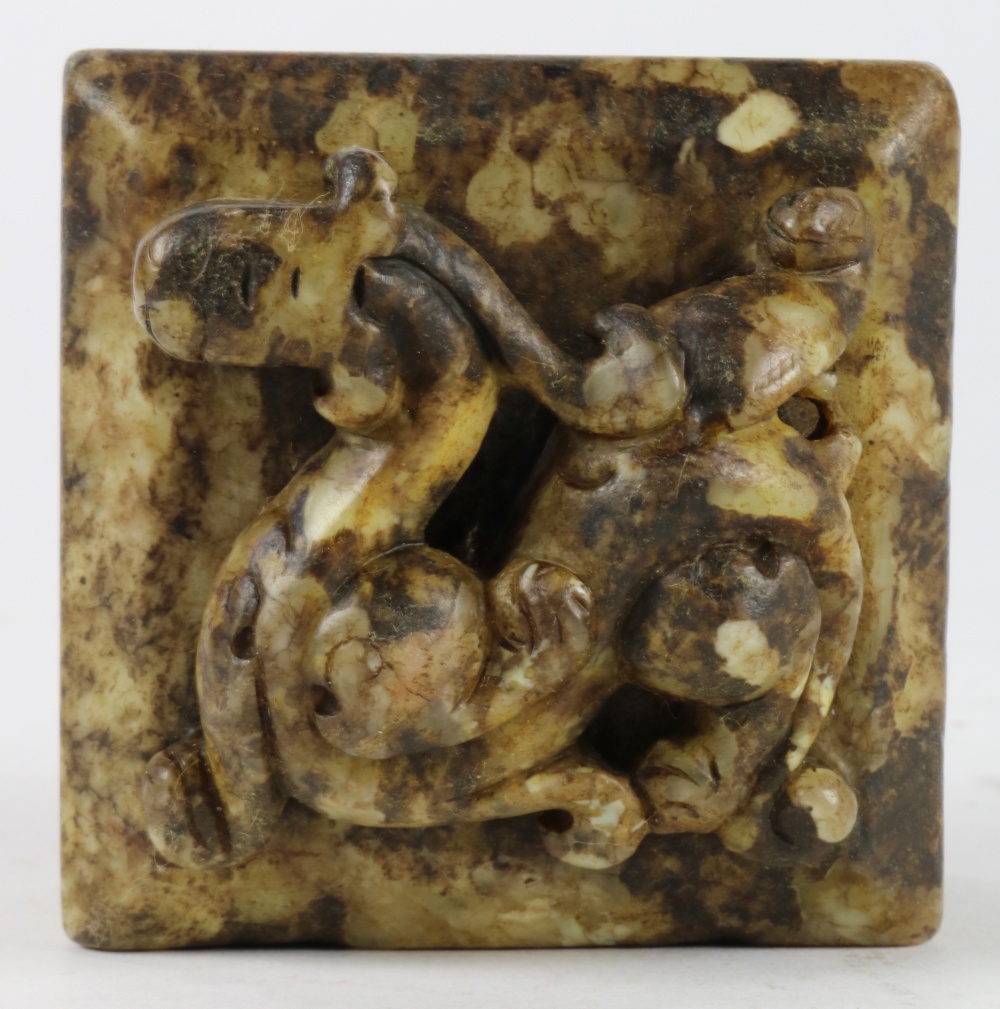 Chinese hardstone seal, topped with a mythical beast above a square seal, the underside with four - Image 4 of 4