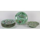 (lot of 7) Chinese enameled celadon ground plates, four featuring peaches and bats; two with figures