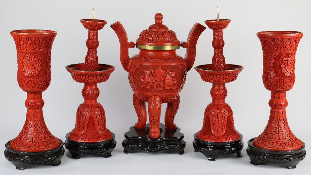 (lot of 5) Chinese cinnabar lacquered associated garniture set, consisting of a censer, pair of