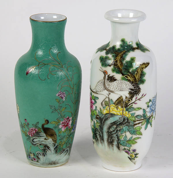 (lot of 2) Chinese porcelain vases, one with duck and flowers on a turquoise scragffito ground, base