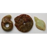(lot of 3) Chinese jade/hardstone archaistic carvings, consisting of a pig-dragon; a bird; and a