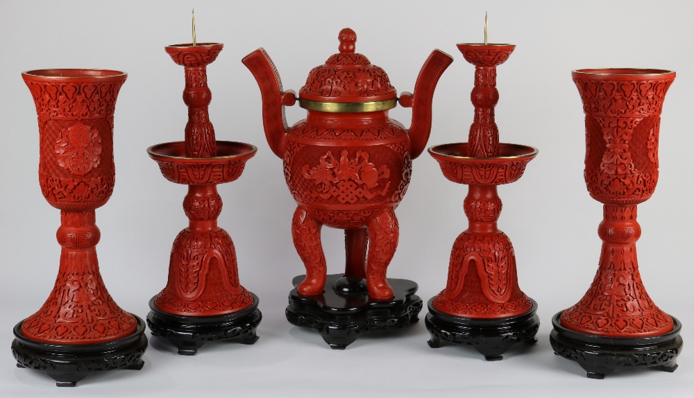 (lot of 5) Chinese cinnabar lacquered associated garniture set, consisting of a censer, pair of - Image 3 of 4