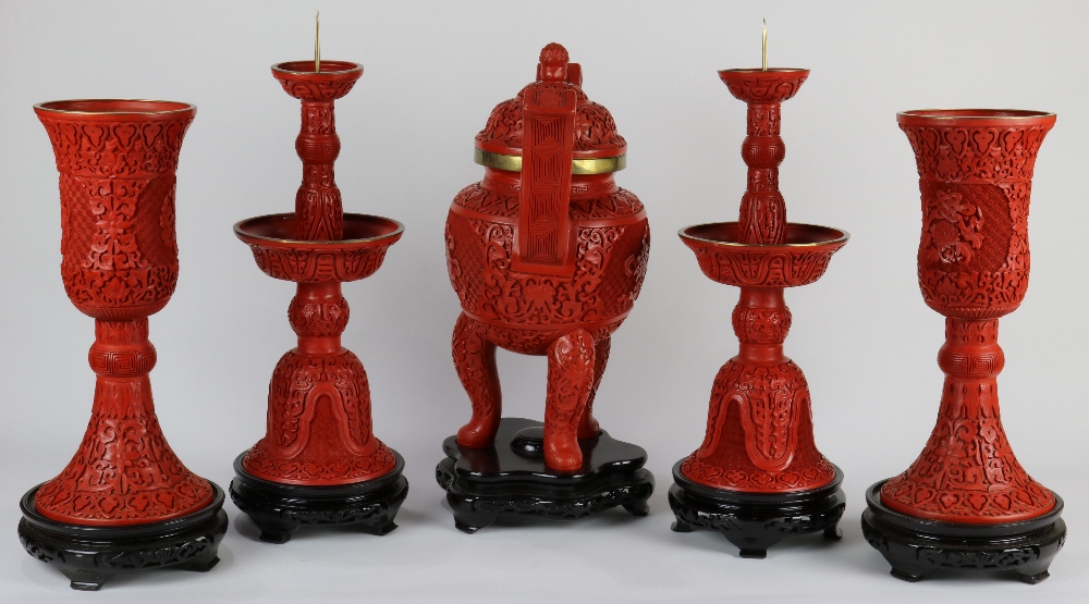 (lot of 5) Chinese cinnabar lacquered associated garniture set, consisting of a censer, pair of - Image 2 of 4