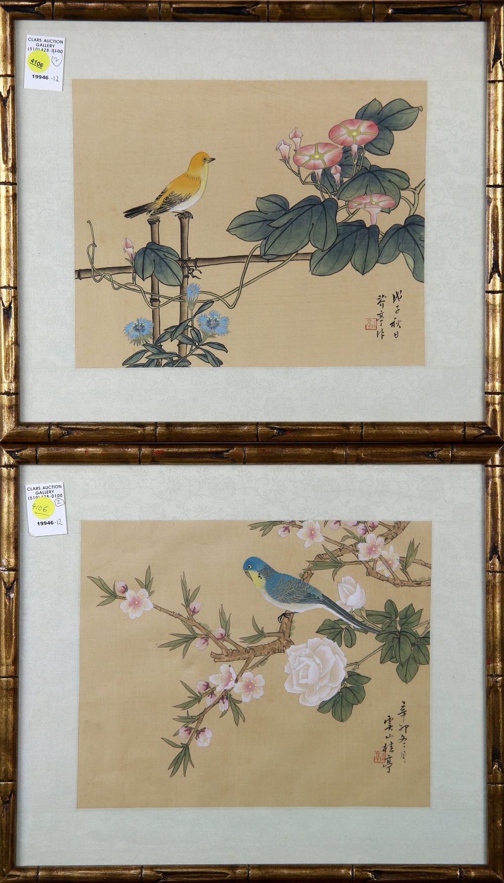 (lot of 2) Chinese paintings, Birds and Flowers, ink and color on silk, the lower right bearing