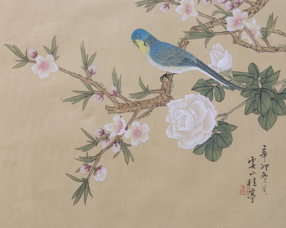 (lot of 2) Chinese paintings, Birds and Flowers, ink and color on silk, the lower right bearing - Image 3 of 5