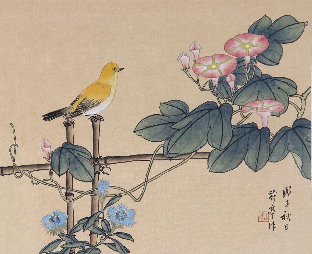 (lot of 2) Chinese paintings, Birds and Flowers, ink and color on silk, the lower right bearing - Image 2 of 5