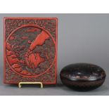 (lot of 3) Japanese lacquer ware: one cinnabar letter box, with carved landscape on the lid,