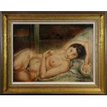 Japanese School (20th century), Contemplative Nude, oil on canvas board, signed indistinctly (