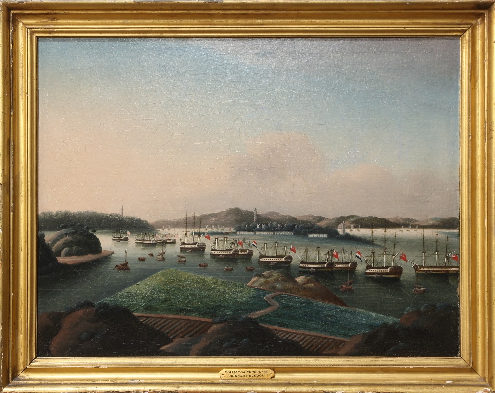 19th Century China Trade Painting/Follower of Sunqua (Chinese, fl. 1830-1870), "Whampoa Anchorage ( - Image 2 of 3