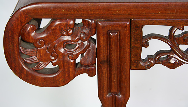 Chinese hardwood altar table, the apron pierced pierced with dragons, raised on braided supports, - Image 3 of 3