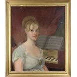 American School (19th century), Portrait of a Woman at a Piano, oil on canvas, unsigned, overall (