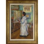 Max Fleischer (German, 1861-1930), Lady Painting at an Easel, oil on board, signed lower left,