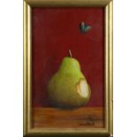 Anne Lloyd (American, 20th century), Pear with a Bite and Fly, oil on board, signed lower right,