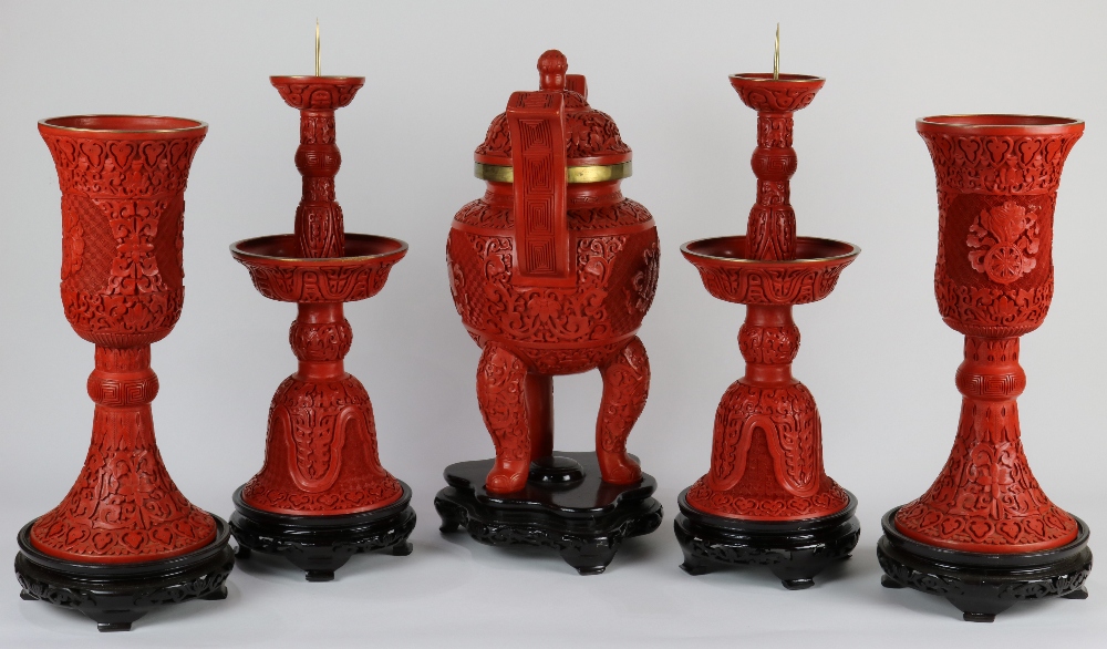 (lot of 5) Chinese cinnabar lacquered associated garniture set, consisting of a censer, pair of - Image 4 of 4