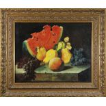 Still Life with Watermelon, Grapes and Pears, oil on canvas, unsigned, 20th century, overall (with