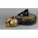 (lot of 5) Native American articles, including rattles, a decorative drum, together with an