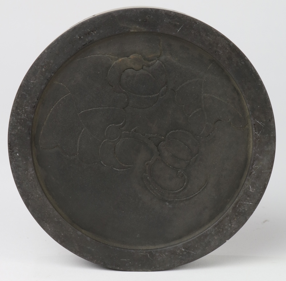 Chinese circular ink stone in wood box, the stone carved with scroll band to the rim and melons to - Image 3 of 3