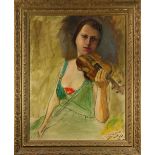 Woman with Violin, 20th century, oil on canvas, signed indistinctly (H.W. Kain?) lower right,