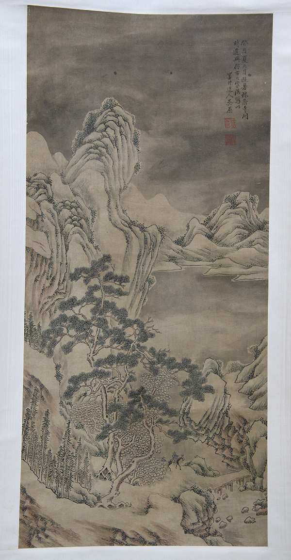 (lot of 3) Chinese landscape painting, ink and color on paper/silk: the first, manner of Xi Wang ( - Image 2 of 4