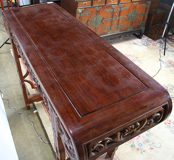 Chinese hardwood altar table, the apron pierced pierced with dragons, raised on braided supports, - Image 2 of 3