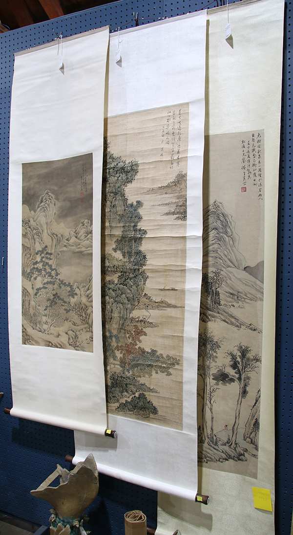 (lot of 3) Chinese landscape painting, ink and color on paper/silk: the first, manner of Xi Wang (