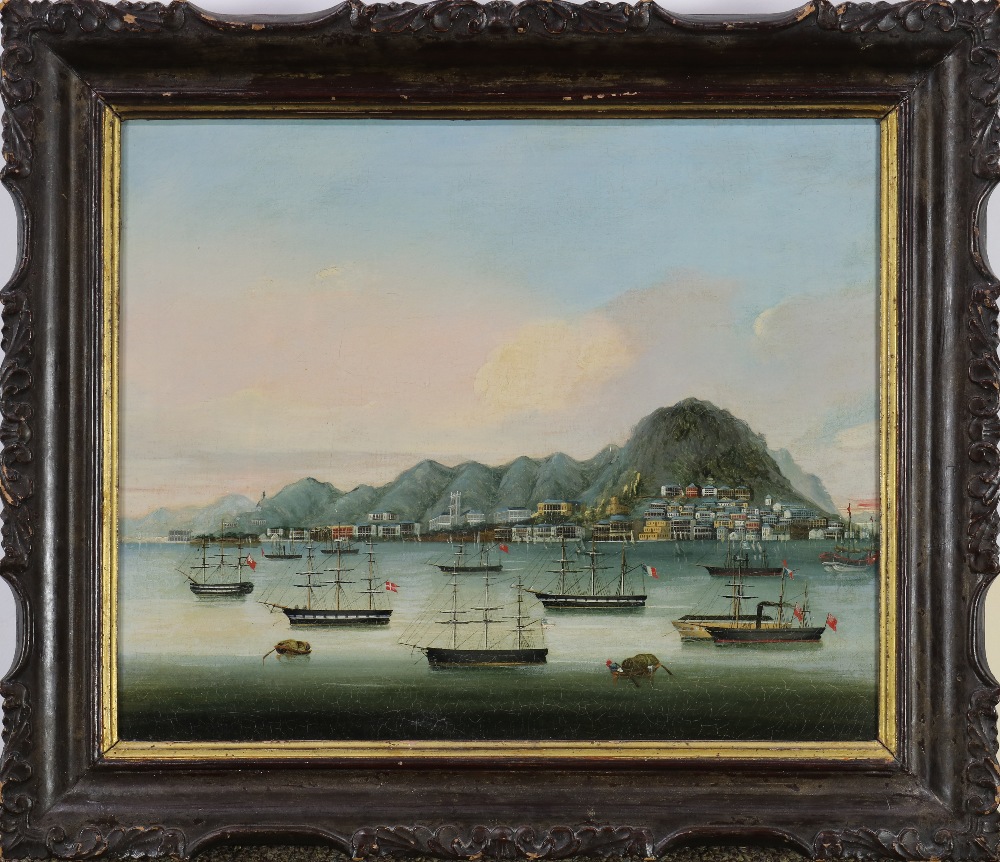 19th Century China Trade, "China, Hong Kong," circa 1855, oil on canvas, unsigned, canvas: 13.125" - Image 2 of 3