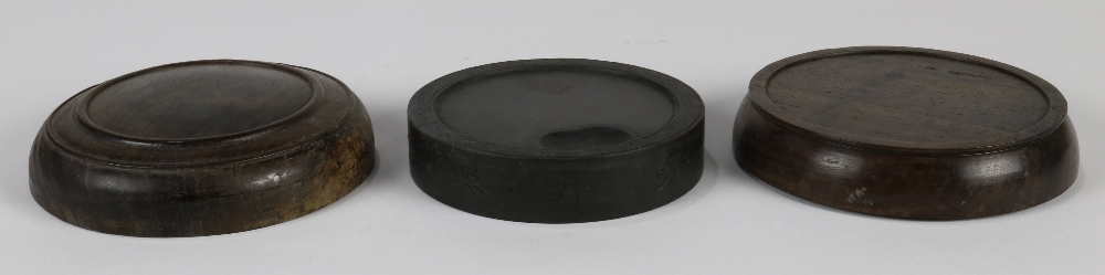 Chinese circular ink stone in wood box, the stone carved with scroll band to the rim and melons to - Image 2 of 3