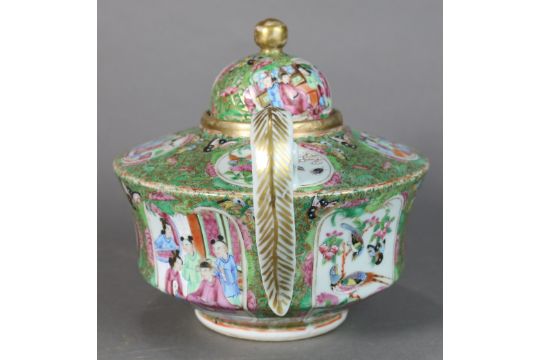 Chinese rose medallion porcelain teapot, with figural and bird-and-flower reserves, on a floral - Image 2 of 5