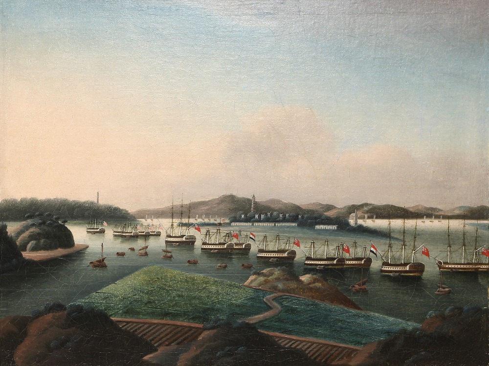 19th Century China Trade Painting/Follower of Sunqua (Chinese, fl. 1830-1870), "Whampoa Anchorage (