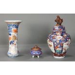 (lot of 3) Japanese Kutani ware: one large lidded jar with karajishi finial on the lid, having