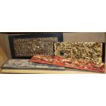 (lot of 4) Chinese wood architecture fragments, two carved with birds and flowers; the third with