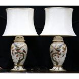 (lot of 2) Pair of Japanese porcelain ginger jars mounted as lamps, each having birds on branch