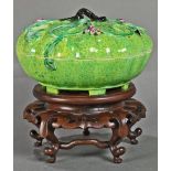 Chinese porcelain covered sweet meat box, in the form of a lobed green-yellow fruit, with
