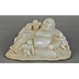 Chinese stone Budai carving, the seated figure accompanied by four children and holding a strand