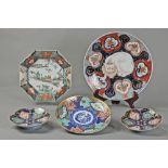 (lot of 5) Japanese Imari porcelain plates: two circular, two foliate rim, one octagonal dish,