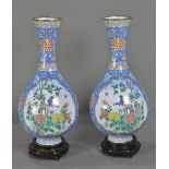 (lot of 2) Chinese enameled copper vase, of a blue ground with bird-and-flower reserves to the