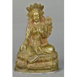 Sino-Tibetan copper alloy bodhisattva, with a five point diadem and holding a lotus sprig, seated in