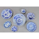 (lot of 7) Japanese blue and white Imari ware: 18th century bowl with a cricket in the center;