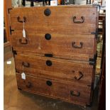 Japanese two-part isho clothing tansu, two drawers in each section, with iron fixtures and pole