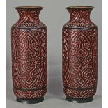 Pair of Chinese tixi lacquered vases, with a flared rim and short neck above a cylindrical body