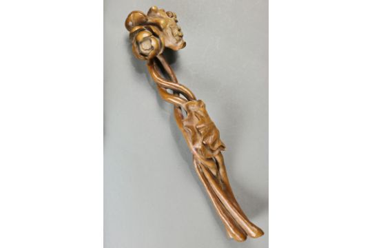 Chinese boxwood ruyi scepter, in the form of a lotus plant, with two crabs on the lotus leaf, 14"l - Image 1 of 6