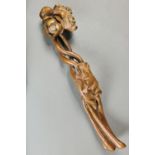 Chinese boxwood ruyi scepter, in the form of a lotus plant, with two crabs on the lotus leaf, 14"l