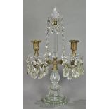 Crystal lustre having three lights, with a prism standard, the lights accented with faceted drops,