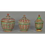 (lot of 3) Thai/Chinese bencharong covered porcelain jars, each brightly enameled with flowers on