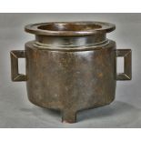 Chinese bronze censer, with an everted rim and a tall cylindrical body, flanked by bracket